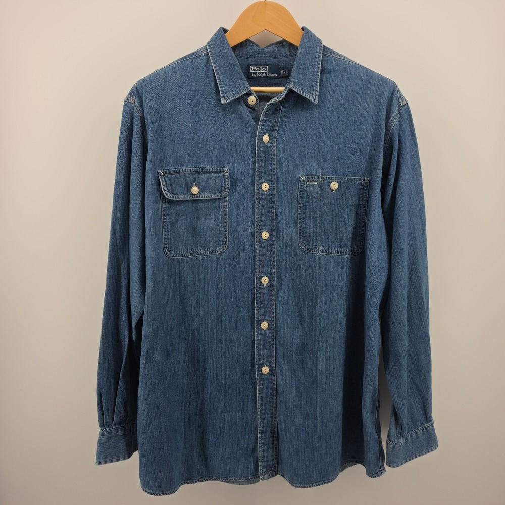 Polo Ralph Lauren Mens XL Denim Button Utility Shirt Long Sleeve Blue Workwear